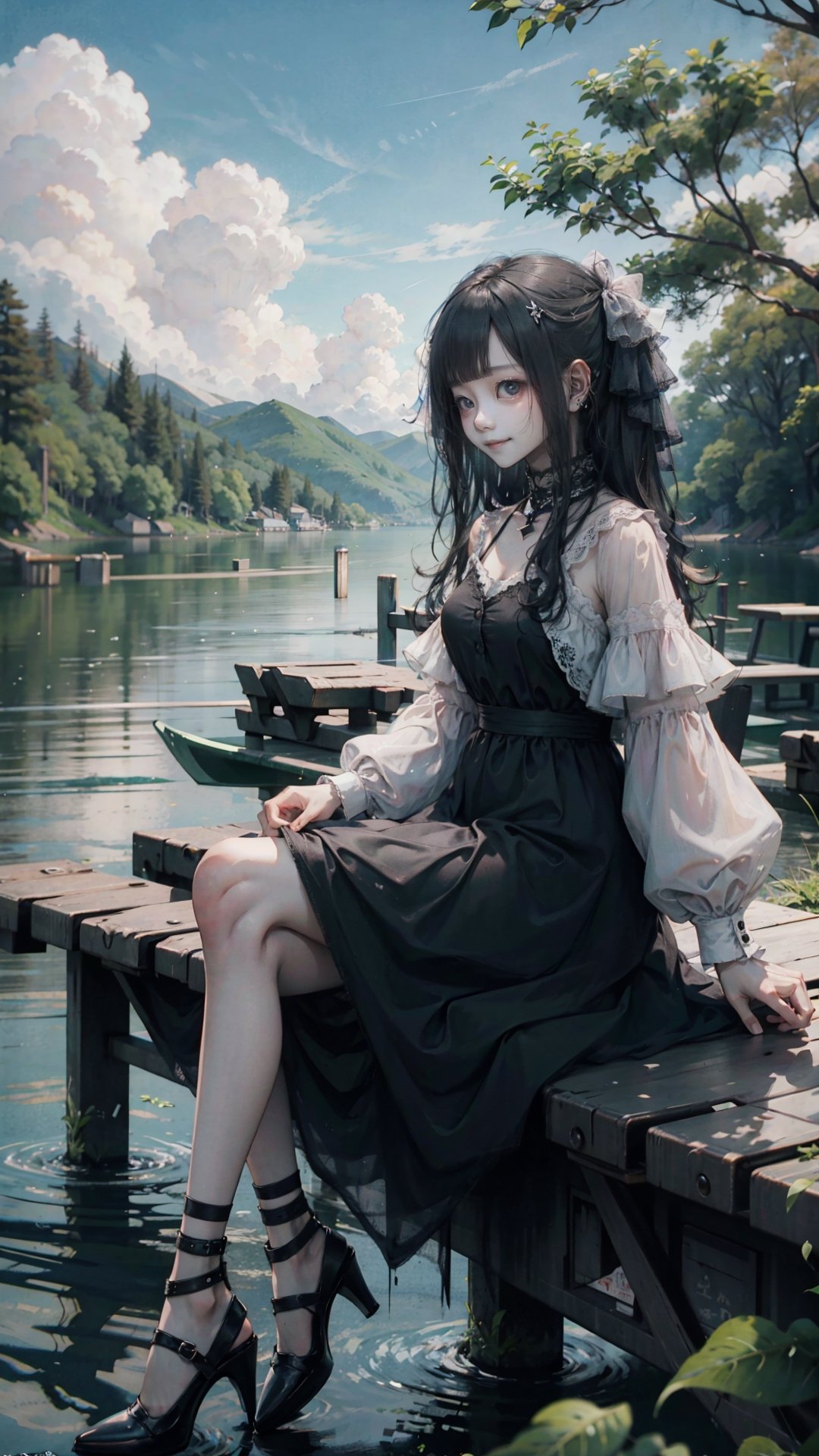 In the image, there is a cute anime girl sitting by a lake. She has long black hair and blue eyes. She is wearing a pink dress and shoes. The sky is blue with white clouds and there are green trees around the lake.