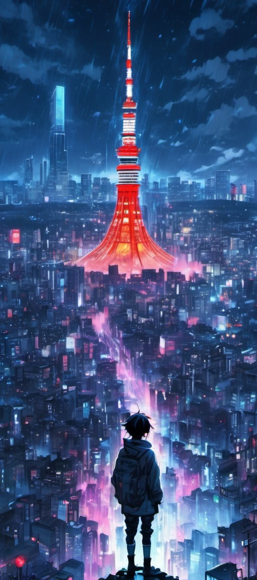 1boy, standing top of building, night city, neon light, buildings, beautiful view, raining, water drops,lofi,EpicSky,ink scenery,Tokyo tower,cyborg style