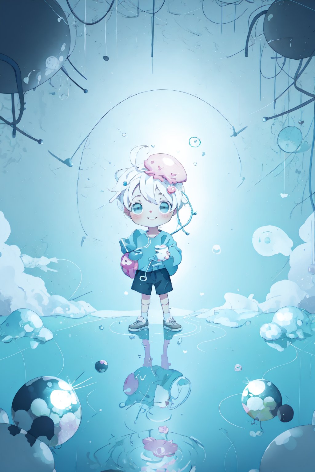 style of Steven DaLuz, iridescent, adorable, happy, a kid, white hair, from above, koi fish, <3, hearts, water, water drops, water bubbles, rainbow colors, scenery, bokeh, reflections, shiny, depth of field, pastel colors, simple white background, Illustration, cover art, japan, blur, minimalistic, eguchistyle,toitoistyle