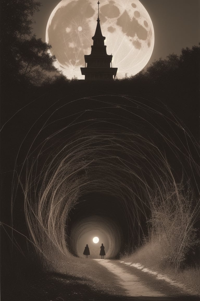 Gustave Dore style, minimalism, spiderweb, tunnel, (monochromatic, sepia), night, MOON,Renaissance Sci-Fi Fantasy,EpicSky,High Renaissance