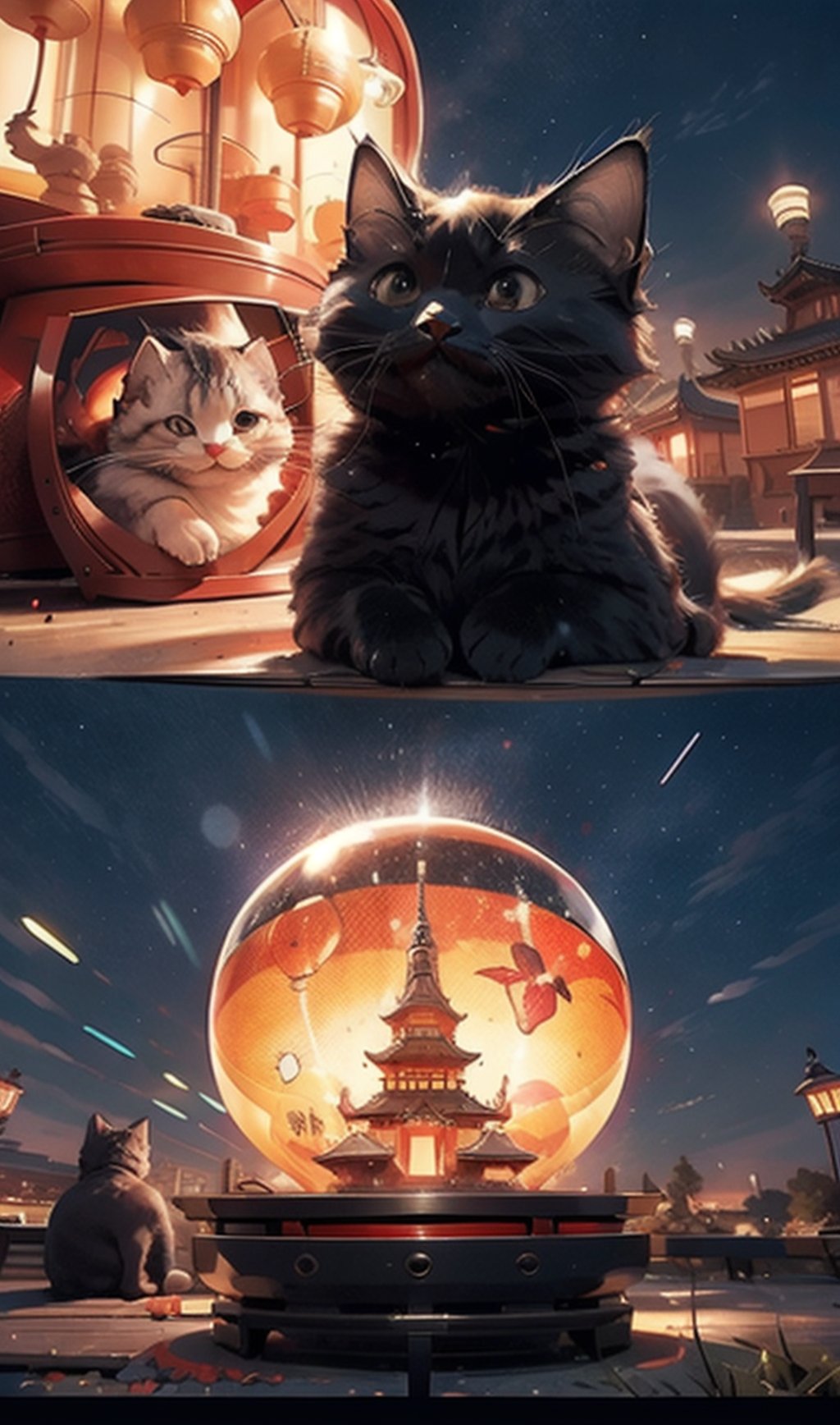 (8k, best quality, top level: 1.1), cinematic, night, Odaiba Lantern festival, Japanese Lantern festival, red Lantern, flying red Lantern, cinematic background, complex background, dynamic angle, contrast color ((La Sagrada Família)), glow, background, detailed elements below, little black cat setting, cat,r1ge,,asian girl,yofukashi background,cat