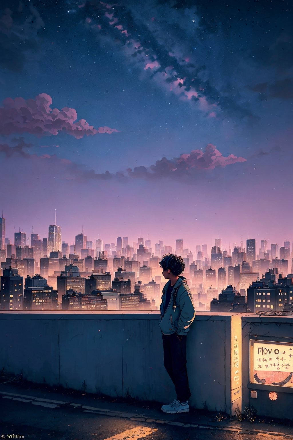 In the hushed ambiance of a lo-fi night, a solitary boy stands at the zenith of a time-worn urban rooftop. The scene is enveloped in a warm, vintage glow, evoking a sense of wistful nostalgia as the city's nocturnal symphony unfolds below. The boy, his silhouette etched against the backdrop of a sprawling cityscape, gazes skyward with an air of contemplative wonder.

His tousled hair catches the soft, muted hues of the night, and his profile is a portrait of quiet introspection. Below, the city's lights twinkle like a thousand distant dreams, while above, a celestial tapestry of stars spreads across the velvety sky. The lo-fi aura adds a touch of timeless charm to this moment of youthful reverie, where the boy finds solace and inspiration in the boundless cosmos that stretches out before him.