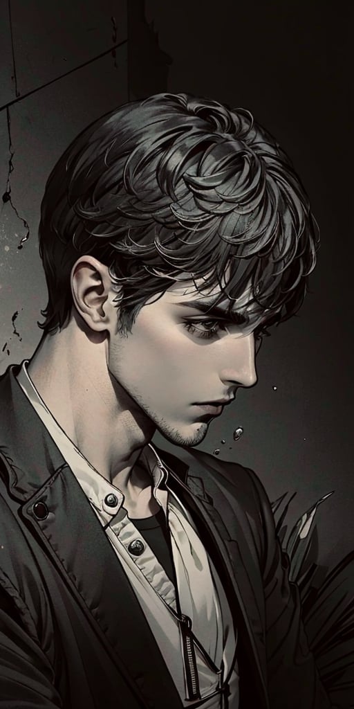 (masterpiece), (best quality), (cinematic lighting), (ultra-deatailed:1.2), a handsome boy, focused on face, messy short hair, gray black theme, shadow, detailed face RAW photo, empty gray background