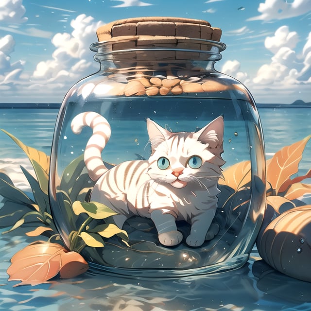 Autumn in a Bottle A bottle placed in deep water with a light, top of wood, sea beaver, clear water color,1,LORA,cat,water