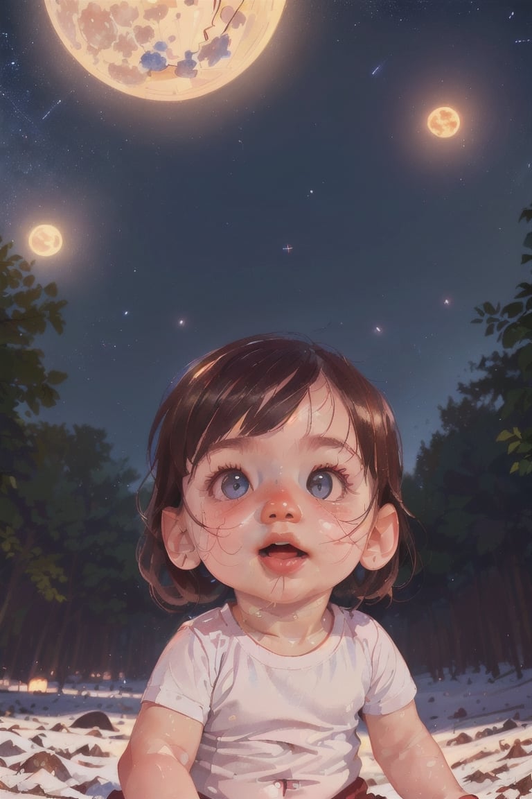 red and white, little girl,3yo cute baby girl, portrait, baby fat face in good proportion, (((extremely detailed 8k unity wallpaper,  masterpiece,  best quality,  high resolution,  realistic skin,  realistic face,  clean and clear lines))), (perspective:1.3),  (dutch angle:1.2),  bright lights, starry,  galaxy,  full moon, 