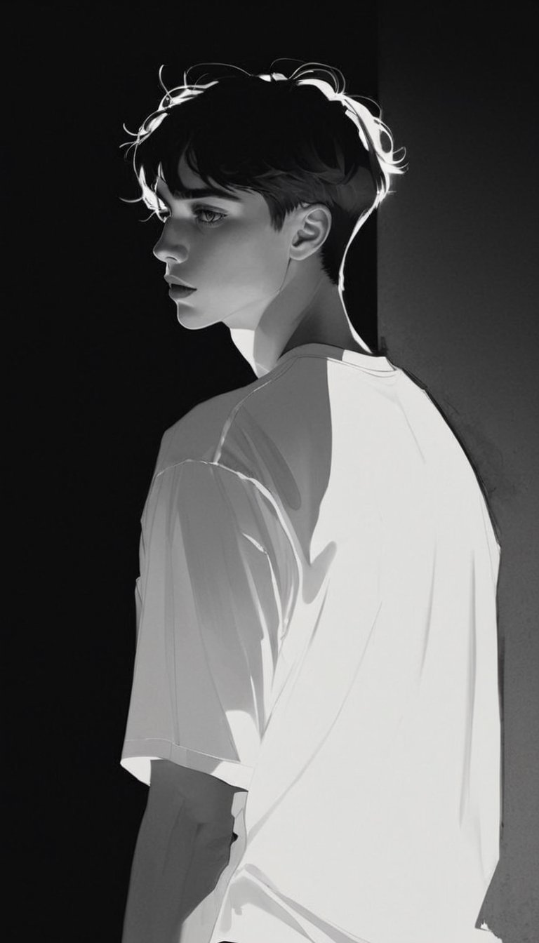 handsome young boy, Pixie Cut, oversize t shirt, leaning forward, art by Adrian Tomine Agnes Cecile, seductive, shadow, dramatic lighting, park, black and white, dark background
,dfdd
