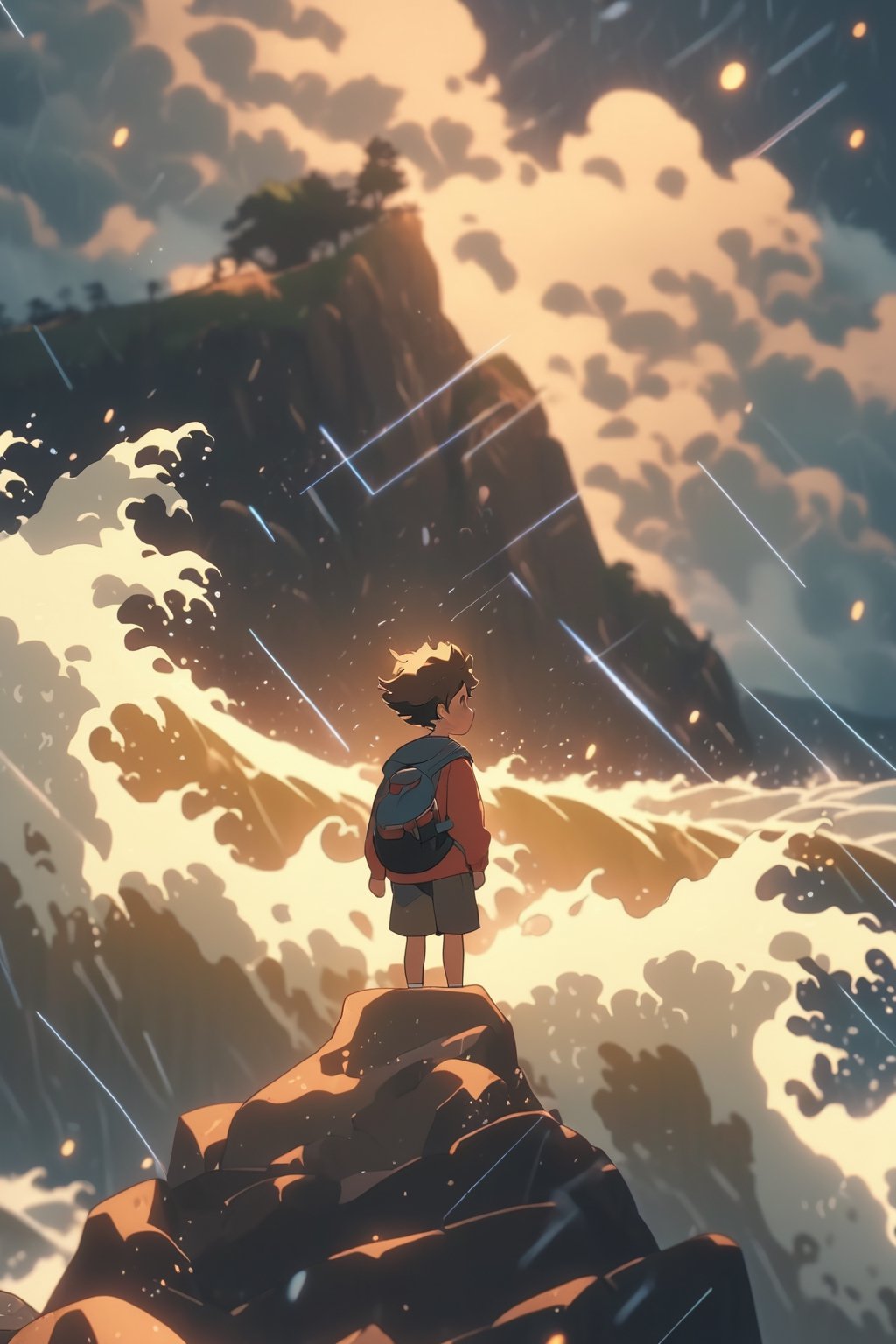1boy standing on the cliff of the mountain, 1boy, high waves, storms, rain, cinematic angle, cinematic light, cinematic view,LOFI