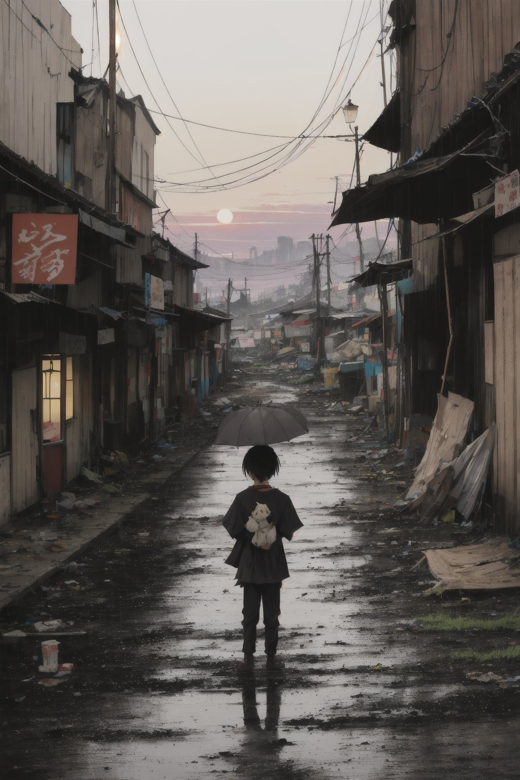 anime, best quality,  extremely detailed,  HD,  8k,  extremely intricate:1.3),  cinematic lighting,  dystopian world, japan,  The city is dilapidated and dirty, rainy sunset, A little girl stands praying,  in front of a ruined shrine, landscape, lake,((puppy)), ((dirty)), dirty dry skeleton lying on the side of the road, (( ripped clothes)), (( dirty on clothes)),