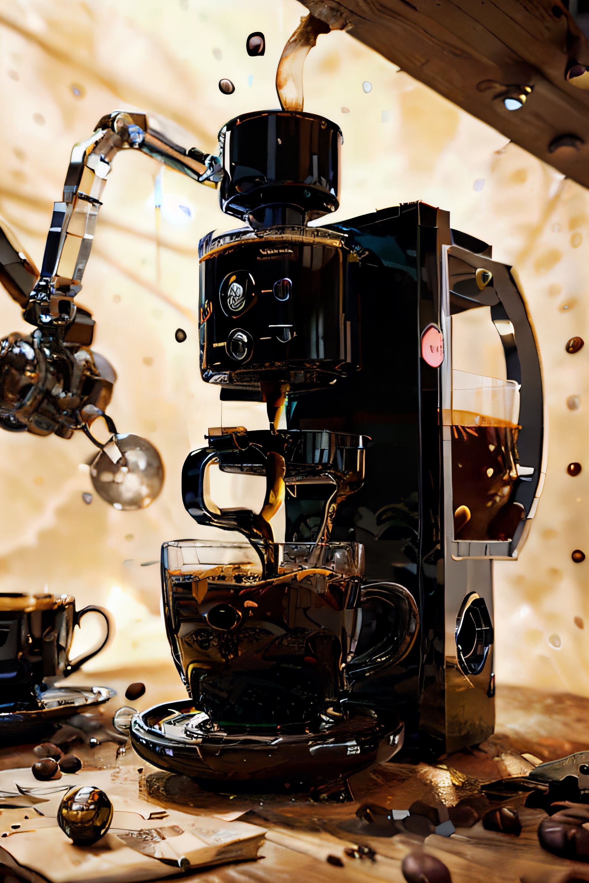 ,chrometech  , scifi, metallic, chrome, fantasy coffee machine , mug, empty background, ,cinematic