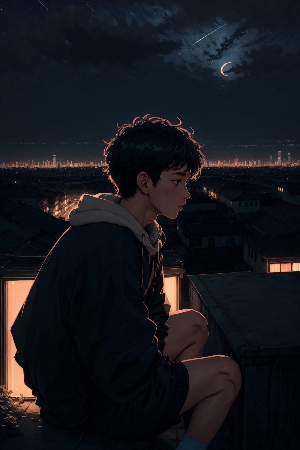 
In the tranquil embrace of a lo-fi night, we encounter a lone boy perched high atop a timeworn urban rooftop. The scene is bathed in a gentle, vintage glow, casting a nostalgic aura over the nocturnal cityscape. The boy, a solitary figure against the city's shimmering tapestry of lights, sits at the ledge, his legs dangling into the abyss, his silhouette outlined by the ambient luminescence.

His windswept hair captures the soft, muted hues of the night, and his profile is one of contemplative reverie. Below, the city unfurls in a mosaic of softly illuminated streets and aging facades, a testament to the city's perpetual pulse. Above, the night sky is a canvas of inky blues, adorned with distant stars that twinkle like distant memories. This lo-fi nocturnal scene encapsulates a moment of youthful introspection, where the boy discovers serenity and perspective amidst the midnight city's whispers.,LOFI