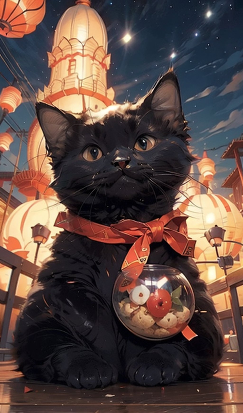 (8k, best quality, top level: 1.1), cinematic, night, Odaiba Lantern festival, Japanese Lantern festival, red Lantern, flying red Lantern, cinematic background, complex background, dynamic angle, contrast color ((La Sagrada Família)), glow, background, detailed elements below, little black cat setting, cat,r1ge,,asian girl,yofukashi background,cat