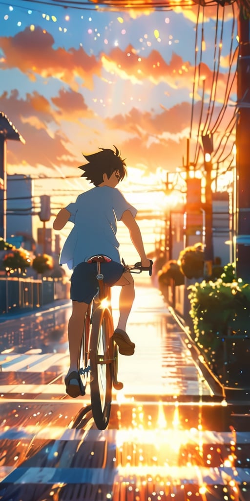 (masterpiece), (best quality), (cinematic lighting), (ultra-deatailed:1.2), a handsome boy riding a bicycle on the city, (white Tshirt ), sunset, japan country side, makoto shinkai inspired, (full body shot), sun rays, glitter, (crazy details), blue skies, clouds, (ultra wide shot), RAW photo, 100mm lens, epic sky, dynamic angle,Shion face