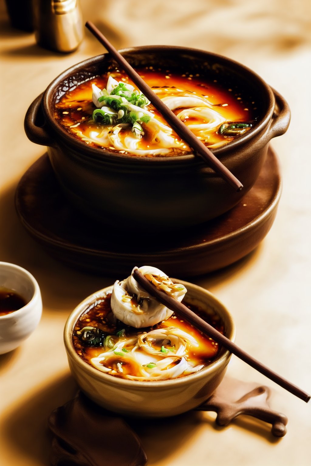 centered, a hot delicious ramen on a casserole dish platter, chopstick, in cozy  background, warm lighting, | depth of field, golden hour, | smooth detailed shadows, hyperealistic shadows, (saturated colors:1.2) | (game cg, unreal engine, pixar style), (3d model),