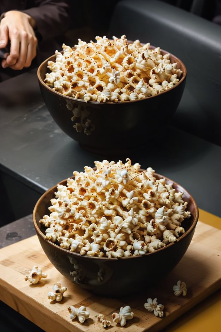 centered, photography, portrait, | popcorn, hand handling the Tooby popcorn at the cinema, dynamic angle.