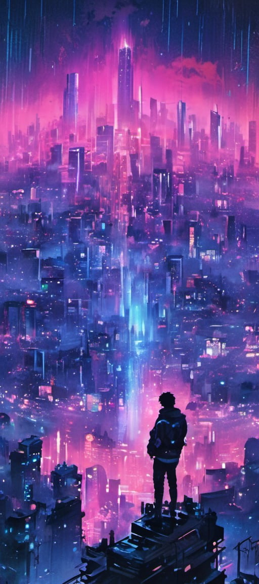 1boy, standing top of building, night city, neon light, buildings, beautiful view, raining, water drops,lofi,EpicSky,ink scenery, cyborg style,aw0k,6000