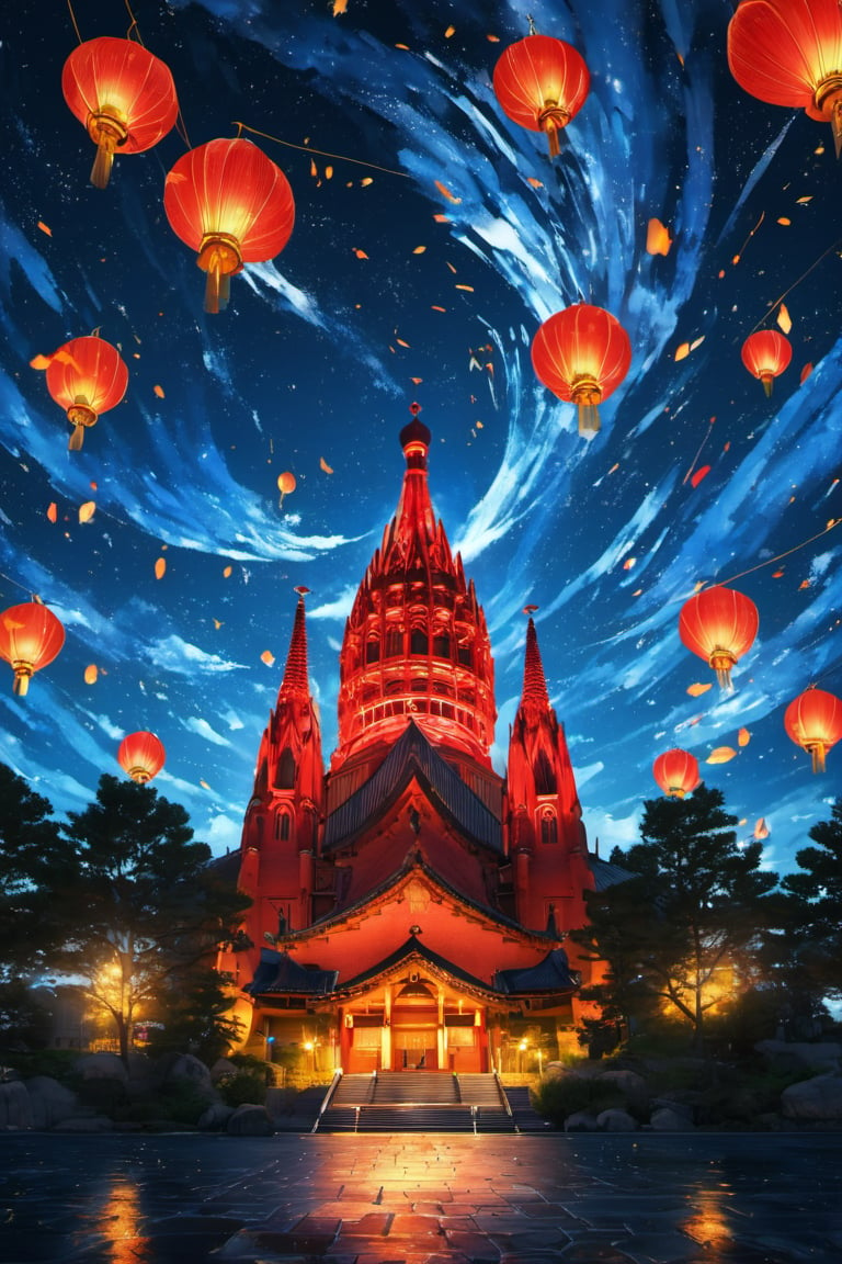  (8k, best quality, top level: 1.1), cinematic, night, temple, Odaiba Lantern festival, Japanese Lantern festival, red Lantern, flying red Lantern, cinematic background, complex background, dynamic angle, contrast color ((La Sagrada Família)), glow, background, detailed elements below.
Artist Inspiration: Vincent van Gogh
Description: Drawing from van Gogh's expressive style, the illustration captures the meteorites as dynamic elements in the sky. Their vibrant trails dance across the canvas, adding movement and energy. The atmosphere is a blend of artistic interpretation and the fascination of cosmic phenomena. --v 5 --stylize 1000, cinematics, 4k, cinematics, best lighting, best perspective, best composition, ,no_humans,EpicSky,LODBG,lty,cloud,ink scenery