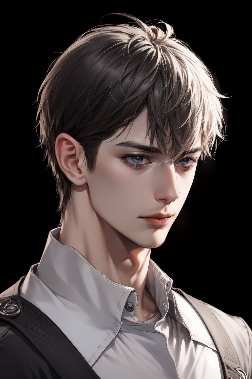 (masterpiece), (best quality), (cinematic lighting), (ultra-deatailed:1.2), a handsome boy, focused on face, messy short hair, gray black theme, shadow, detailed face RAW photo, empty gray background, 