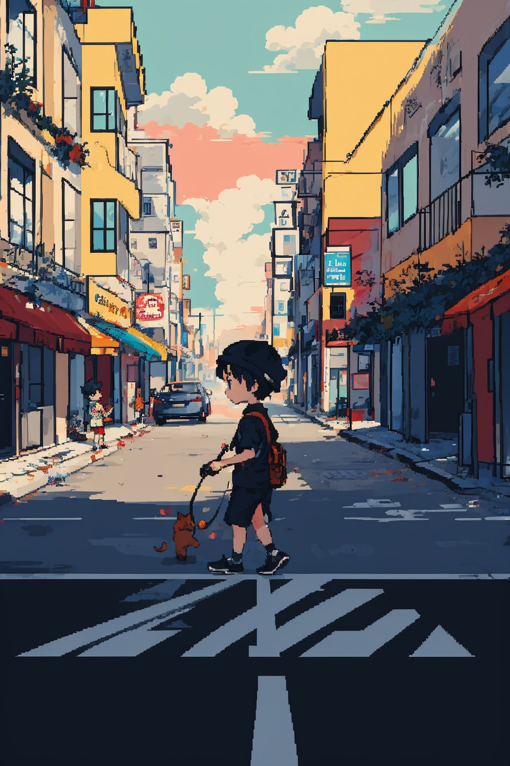 masterpiece, best quality, a little boy crossing the street, feline, colorful, morning, lineart,1,pixel_art