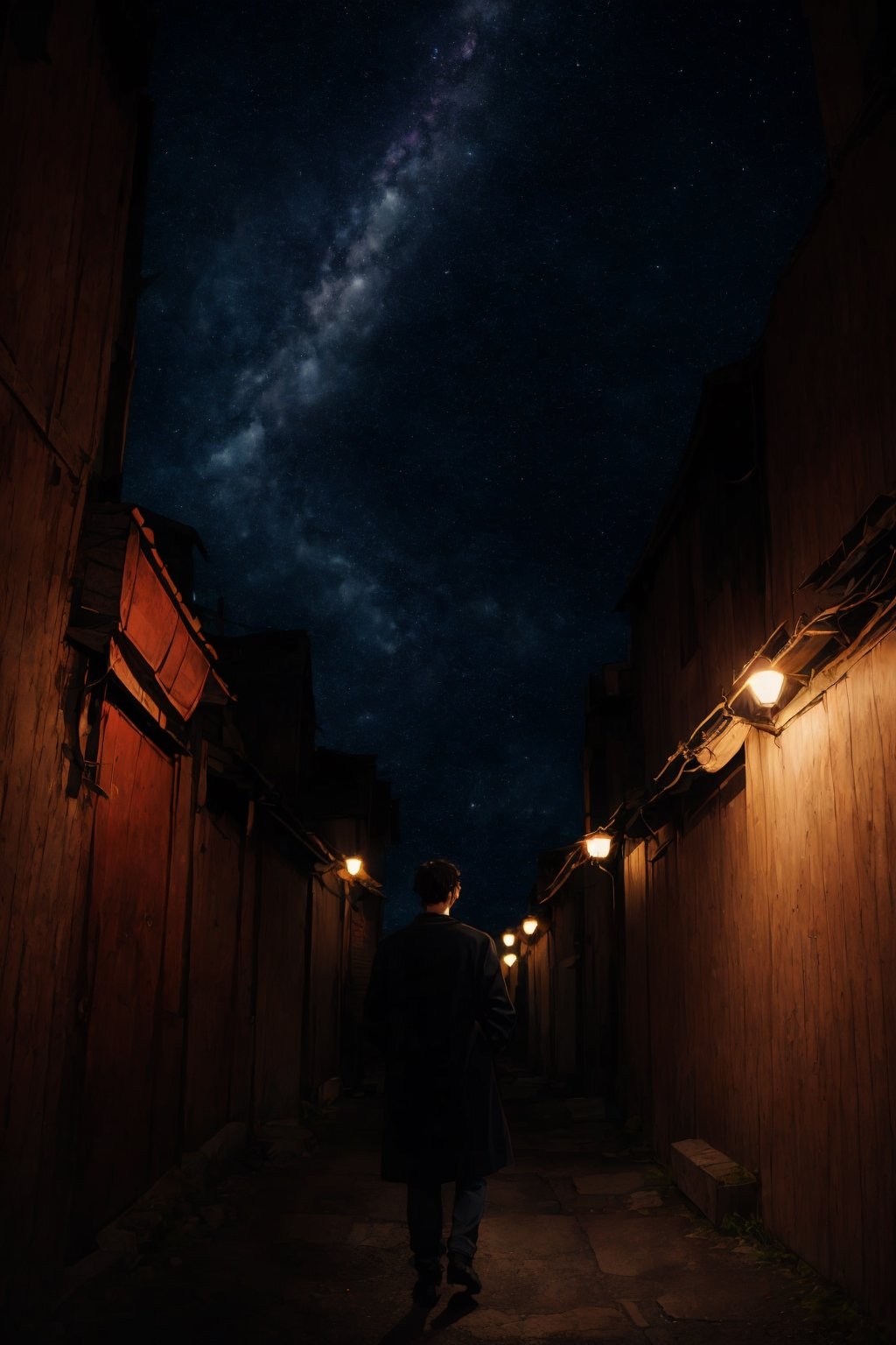 (close-shot photo:1.4) of a handsome boy wearing a long black coat on a open field, embers of memories, colorful, (photo-realisitc), nebula background, nebula theme,exposure blend, medium shot, bokeh, (hdr:1.4), high contrast, (cinematic, teal and green:0.85), (muted colors, dim colors, soothing tones:1.3), low saturation,fate/stay background,yofukashi background,1,LOFI