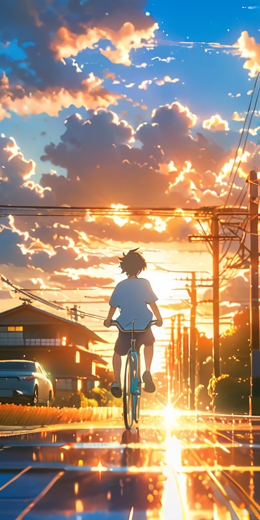 (masterpiece), (best quality), (cinematic lighting), (ultra-deatailed:1.2), a handsome boy riding a bicycle on the city, (white Tshirt ), sunset, japan country side, makoto shinkai inspired, (full body shot), sun rays, glitter, (crazy details), blue skies, clouds, (ultra wide shot), RAW photo, 100mm lens, epic sky, dynamic angle,Shion face