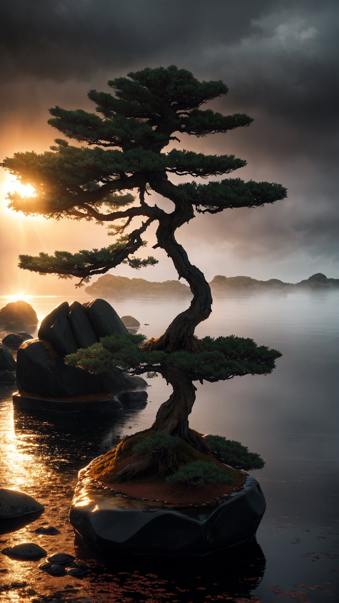 photo bonsai cedar on a small angular rock in the water, gold hour, soft lighting, rain, medium full shot, volumetric lighting, beautiful, ultra detailed, 3 5 mm, fujifilm, cinematic the war between worlds extremely detailed claymation art, dark, moody, foggy
