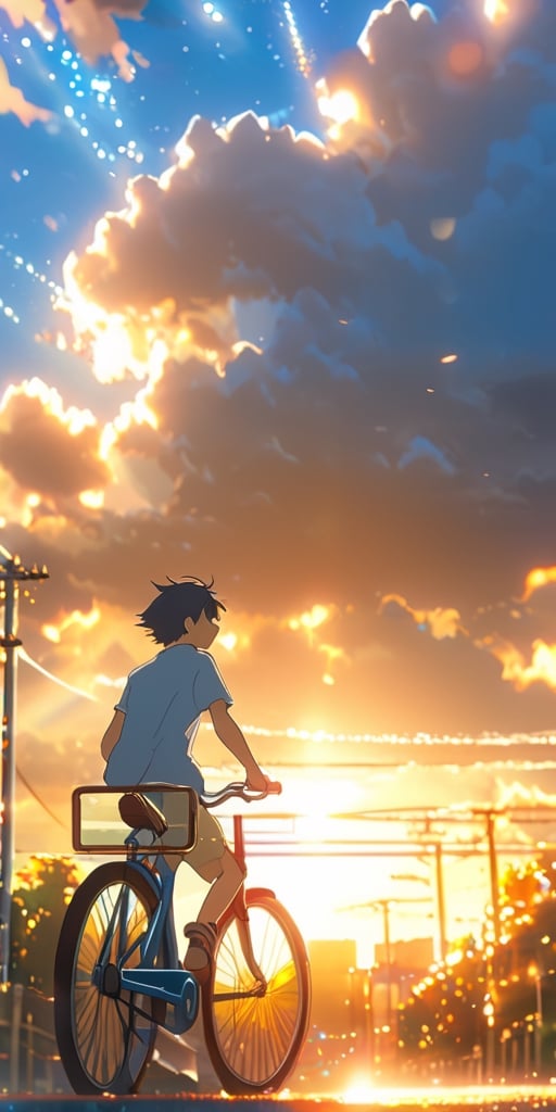 (masterpiece), (best quality), (cinematic lighting), (ultra-deatailed:1.2), a handsome boy riding a bicycle on the city, (white Tshirt ), sunset, japan country side, makoto shinkai inspired, (full body shot), sun rays, glitter, (crazy details), blue skies, clouds, (ultra wide shot), RAW photo, 100mm lens, epic sky, dynamic angle,Shion face