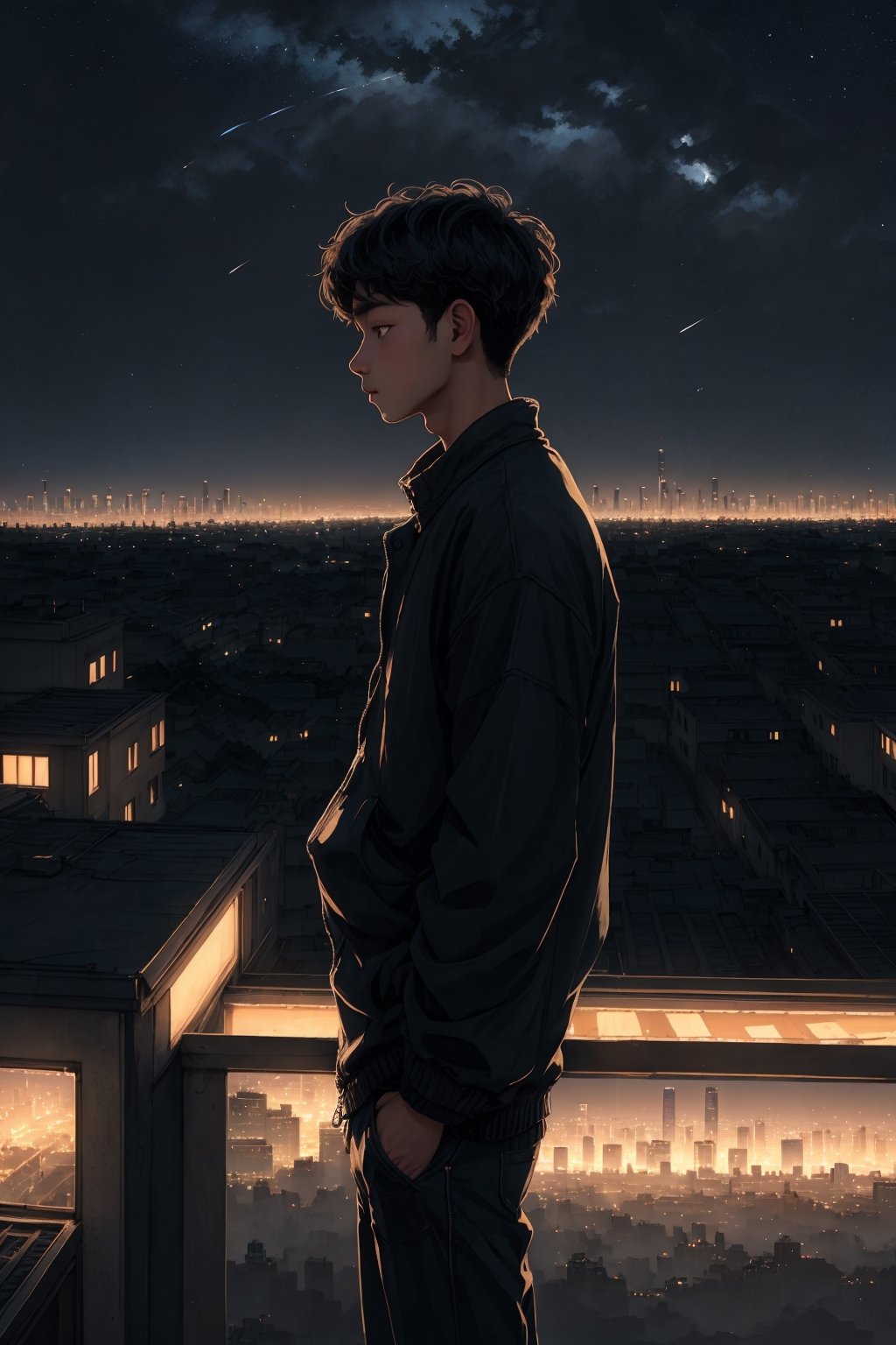 In the hushed ambiance of a lo-fi night, a solitary boy stands at the zenith of a time-worn urban rooftop. The scene is enveloped in a warm, vintage glow, evoking a sense of wistful nostalgia as the city's nocturnal symphony unfolds below. The boy, his silhouette etched against the backdrop of a sprawling cityscape, gazes skyward with an air of contemplative wonder.

His tousled hair catches the soft, muted hues of the night, and his profile is a portrait of quiet introspection. Below, the city's lights twinkle like a thousand distant dreams, while above, a celestial tapestry of stars spreads across the velvety sky. The lo-fi aura adds a touch of timeless charm to this moment of youthful reverie, where the boy finds solace and inspiration in the boundless cosmos that stretches out before him.