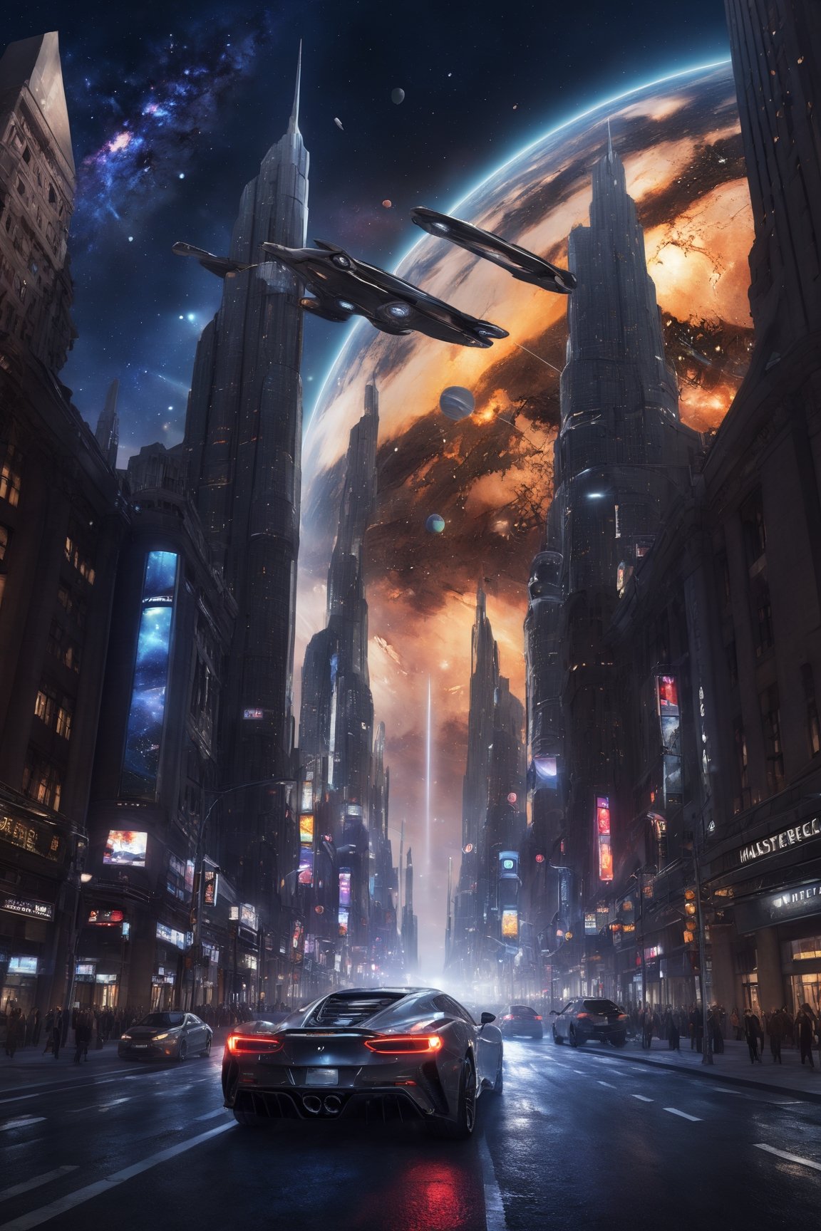 masterpiece,hyper Reality,ray-tracing, high-resolution, modern city, high buildings, car, a street road in the middle of the city, the sky is full of huge planet, night, galaxy, cinematic view, cinematic angle, cinematic light,