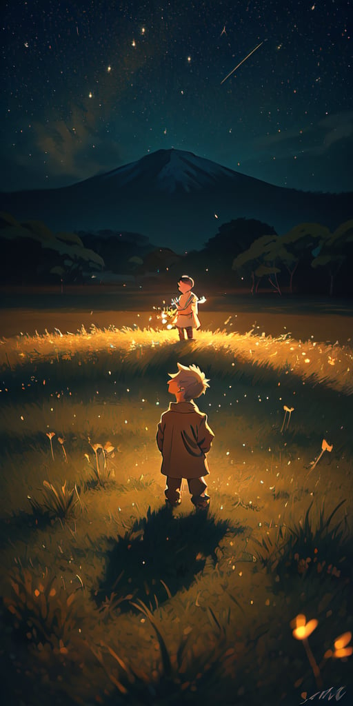 anime, landscape, night, a little boy in the middle of the grass surrounded by flying shine Firefly, night, dynamic angle, beautiful face, detailed eyes, depth of field, dramatic light, best quality, highres, best shadow, best illumination,1,Xxmix_Catecat,SAM YANG,ohara koson,Detailedface