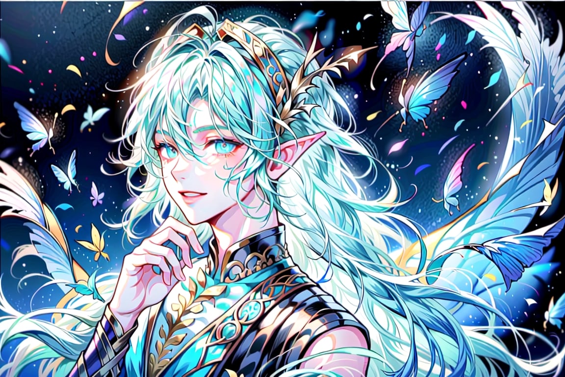 A young male Chinese merman is depicted in anime style, with beautiful big aqua ear fin, fins on limbs, long mermaid tail, blue eyes, blue long hair, blissful smile, tears rolling down cheek, no_humans,Detailedface,boy,perfecteyes eyes,1 girl
