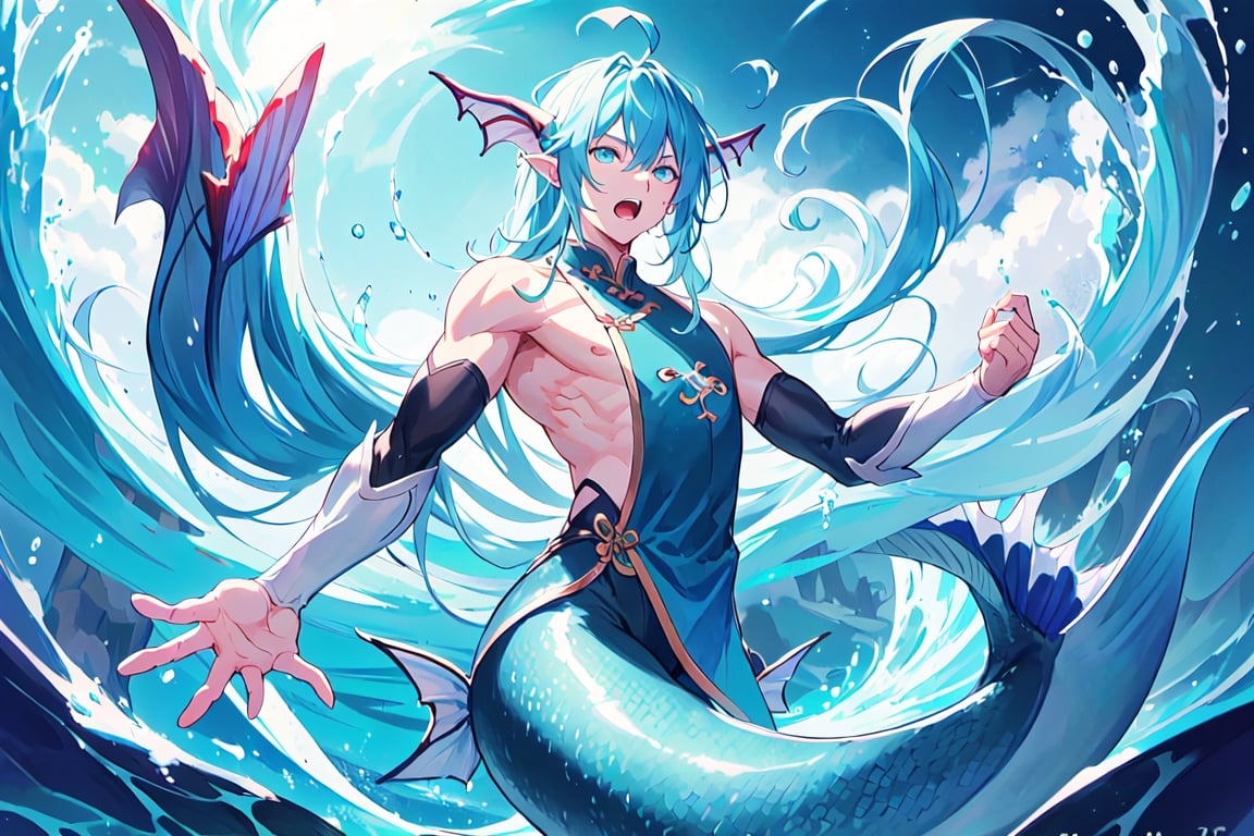 A young male Chinese merman is depicted in anime style, with beautiful big aqua ear fin, fins on limbs, long mermaid tail, blue eyes, blue long hair, wide open mouth fierceful and aggresively roaring expression, no_humans,Detailedface