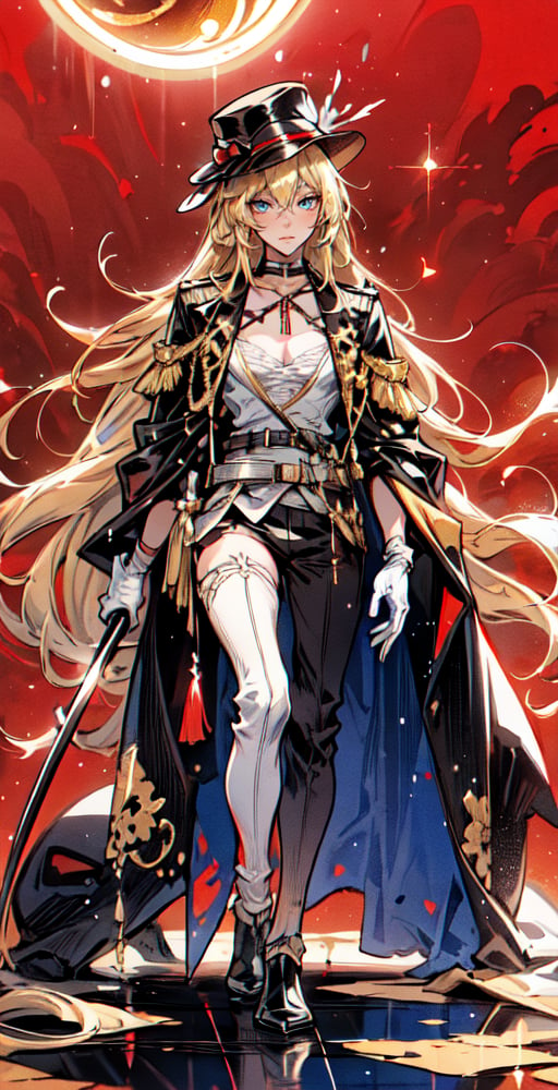 A tall handsome slightly muscular mature man is depicted in anime style, with beautiful face, blue eyes, holding a katana, wears black and gold military gothic clothes, wears military black and gold gothic military hat, long blonde hair, wear white gloves, full body shot, walking under a big eclipse, red background,perfecteyes