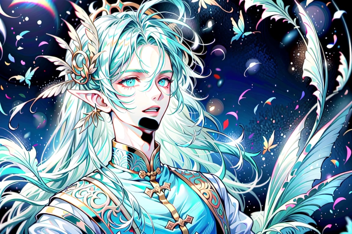A young male Chinese merman is depicted in anime style, with beautiful big aqua ear fin, fins on limbs, long mermaid tail, blue eyes, blue long hair, wide open mouth fierceful and aggresively roaring expression, no_humans,Detailedface,boy,perfecteyes eyes,1 girl