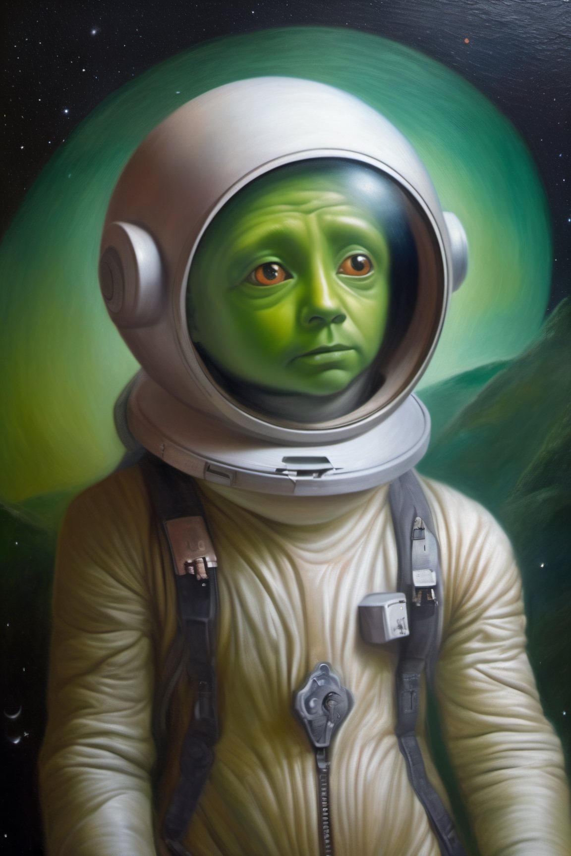 paint classical realism like Bouguereau of a aristocrat, extraterrestrial,
Martian,
little green man,
space invader,
intelligent life form,
creature from outer space,
visitor from outer space,
ET,