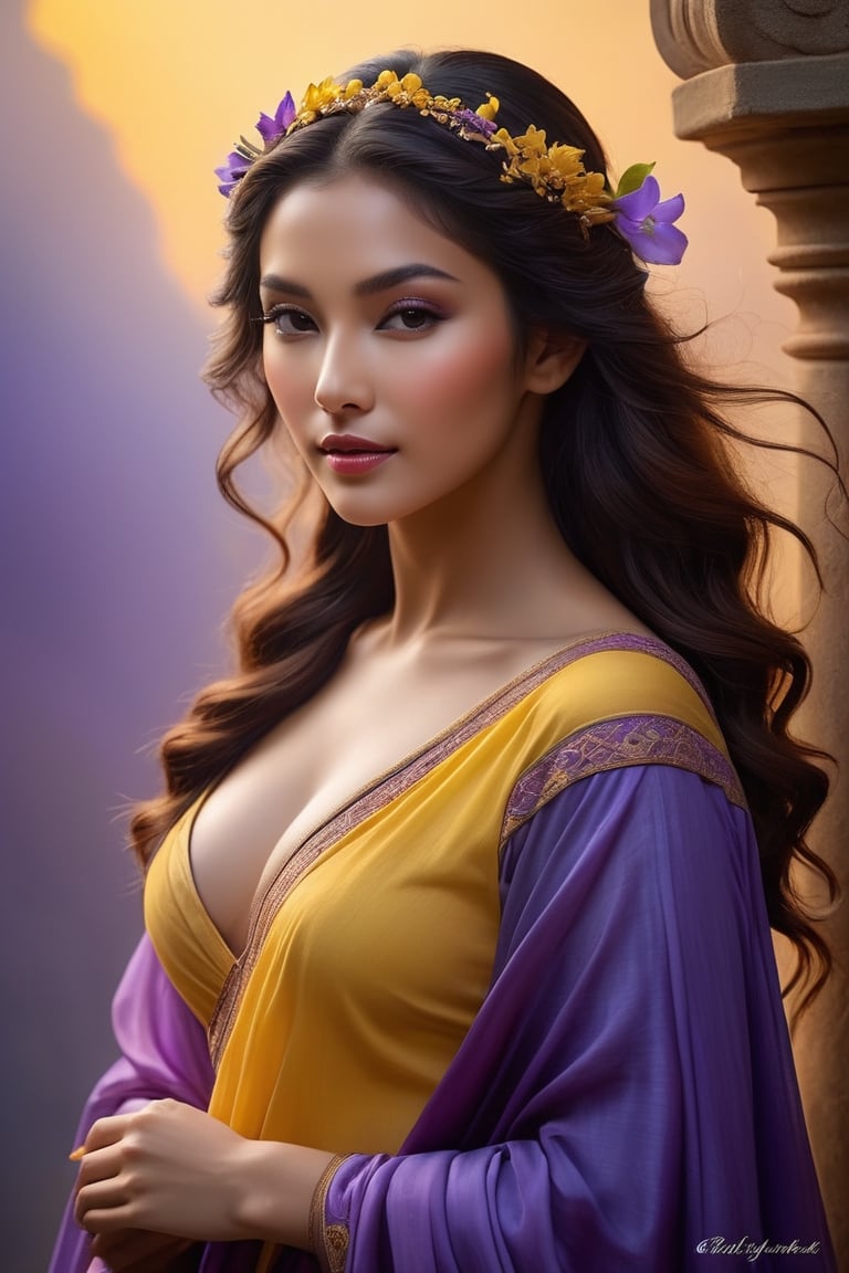 Stunningly beautiful goddess [carioca | Thai], (delicate sfumato, soft color transitions:2), model pose, ('shadows to light gradient', 'yellow to purple color gradient':1.25), Painting inspired by the style of Bouguereau, (intricate chiaroscuro, layered oil techniques, detailed drapery, masterful brushwork, lifelike textures, classical themes, dramatic light sources, deep shadow play), (ethereal, harmonious composition, captivating portraits, serene landscapes, anatomical precision, delicate hand gestures, emotion-evoking poses, intricate backgrounds, symbolic elements)