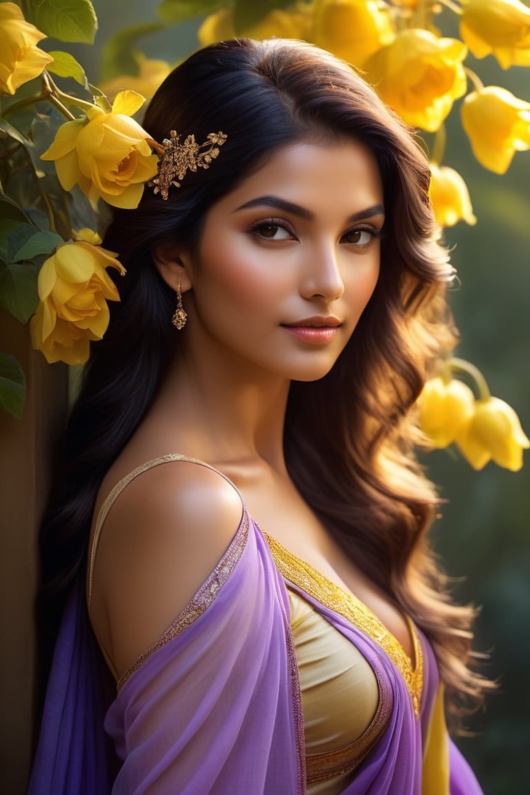 Stunningly beautiful goddess [danish | indian], (delicate sfumato, soft color transitions:2), model pose, ('shadows to light gradient', 'yellow to purple color gradient':1.25), Painting inspired by the style of Bouguereau, (intricate chiaroscuro, layered oil techniques, detailed drapery, masterful brushwork, lifelike textures, classical themes, dramatic light sources, deep shadow play), (ethereal, harmonious composition, captivating portraits, serene landscapes, anatomical precision, delicate hand gestures, emotion-evoking poses, intricate backgrounds, symbolic elements)