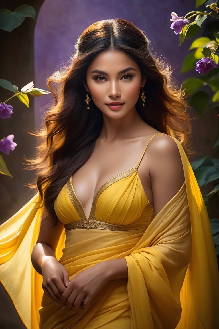 Stunningly beautiful goddess [brazilian | Thai], (delicate sfumato, soft color transitions:2), model pose, ('shadows to light gradient', 'yellow to purple color gradient':1.25), Painting inspired by the style of Bouguereau, (intricate chiaroscuro, layered oil techniques, detailed drapery, masterful brushwork, lifelike textures, classical themes, dramatic light sources, deep shadow play), (ethereal, harmonious composition, captivating portraits, serene landscapes, anatomical precision, delicate hand gestures, emotion-evoking poses, intricate backgrounds, symbolic elements)