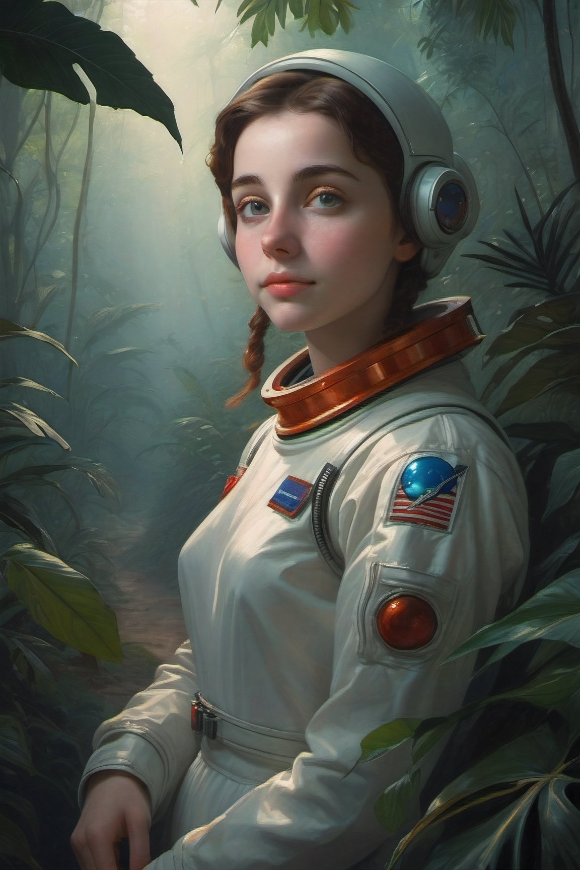 shy smile, detailed eyes, eyeliner, freckles, (red and 'light blue' color gradient)((russian)) (classic realism paint like Bouguereau:2), knees, ('1960's female Astronaut in a Jungle':2),  (shy smile:1.75), (surreal,  strange,  odd,  weird,  fantastic,  unreal,  dreamlike:2), 'backlight', ('hard Light', 'hard shadows':2), (dark in the background:4), (alien Martian creature in the background:3)
