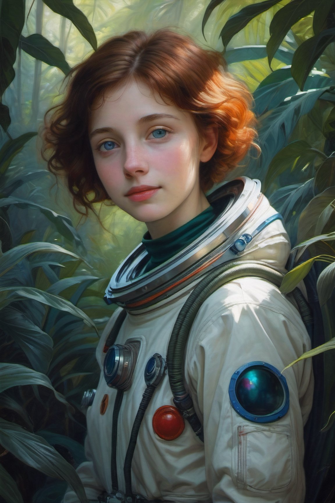 shy smile, detailed eyes, eyeliner, freckles, (red and 'light blue' color gradient)((russian)) (classic realism paint like Bouguereau:2), knees, ('1960's female Astronaut in a Jungle':2),  (shy smile:1.75), (surreal,  strange,  odd,  weird,  fantastic,  unreal,  dreamlike:2), 'backlight', ('hard Light', 'hard shadows':2), (dark in the background:4), (alien Martian creature in the background:3)
