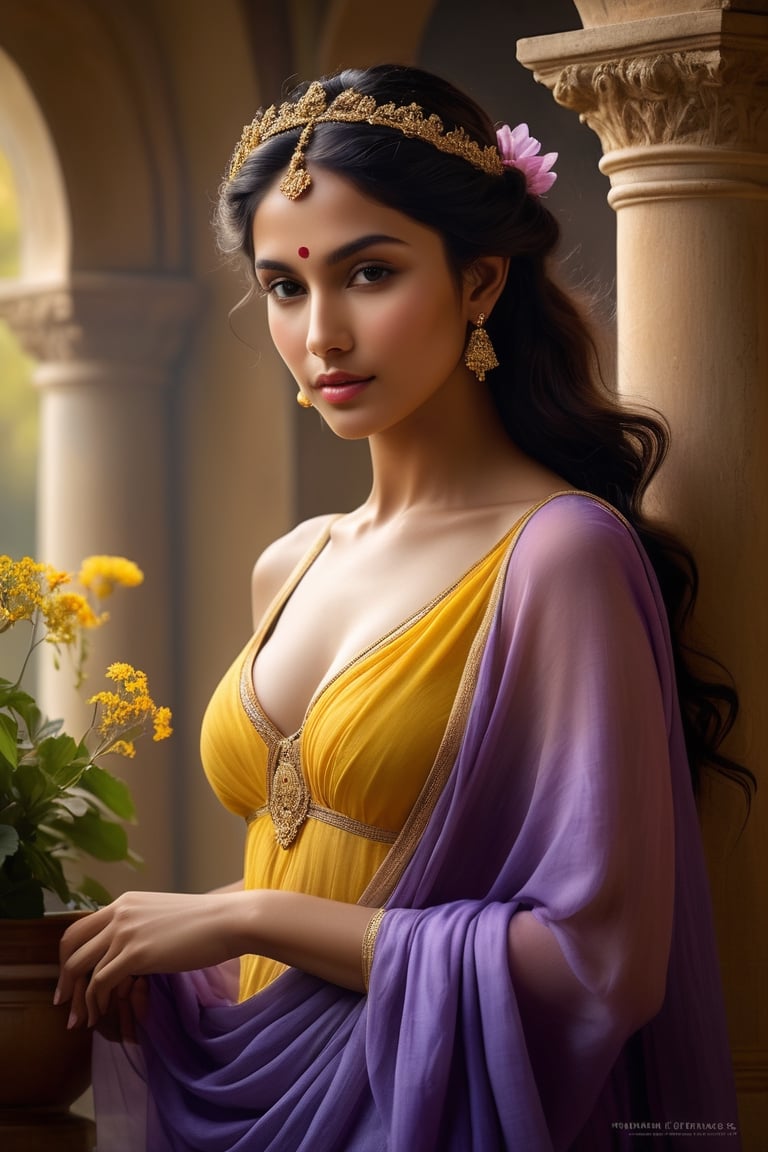 Stunningly beautiful goddess [danish | indian], (delicate sfumato, soft color transitions:2), model pose, ('shadows to light gradient', 'yellow to purple color gradient':1.25), Painting inspired by the style of Bouguereau, (intricate chiaroscuro, layered oil techniques, detailed drapery, masterful brushwork, lifelike textures, classical themes, dramatic light sources, deep shadow play), (ethereal, harmonious composition, captivating portraits, serene landscapes, anatomical precision, delicate hand gestures, emotion-evoking poses, intricate backgrounds, symbolic elements)