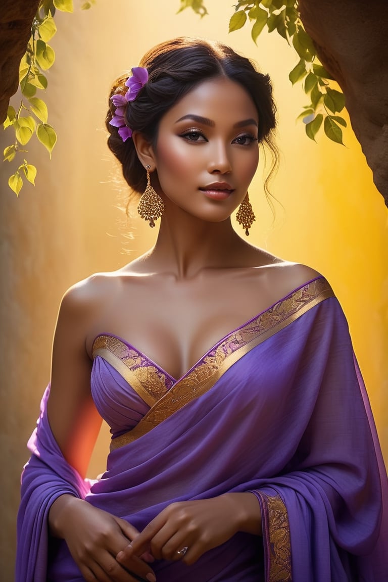 Stunningly beautiful goddess [Senegalese | Thai], (delicate sfumato, soft color transitions:2), model pose, ('shadows to light gradient', 'yellow to purple color gradient':1.25), Painting inspired by the style of Bouguereau, (intricate chiaroscuro, layered oil techniques, detailed drapery, masterful brushwork, lifelike textures, classical themes, dramatic light sources, deep shadow play), (ethereal, harmonious composition, captivating portraits, serene landscapes, anatomical precision, delicate hand gestures, emotion-evoking poses, intricate backgrounds, symbolic elements)