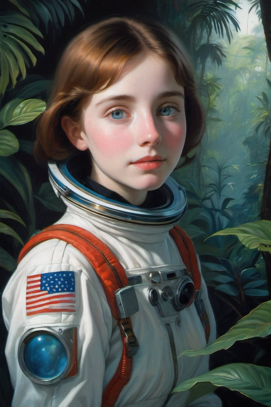 shy smile, detailed eyes, eyeliner, freckles, (red and 'light blue' color gradient)((russian)) (classic realism paint like Bouguereau:2), knees, ('1960's female Astronaut in a Jungle':2),  (shy smile:1.75), (surreal,  strange,  odd,  weird,  fantastic,  unreal,  dreamlike:2), 'backlight', ('hard Light', 'hard shadows':2), (dark in the background:4), (alien Martian creature in the background:3)
