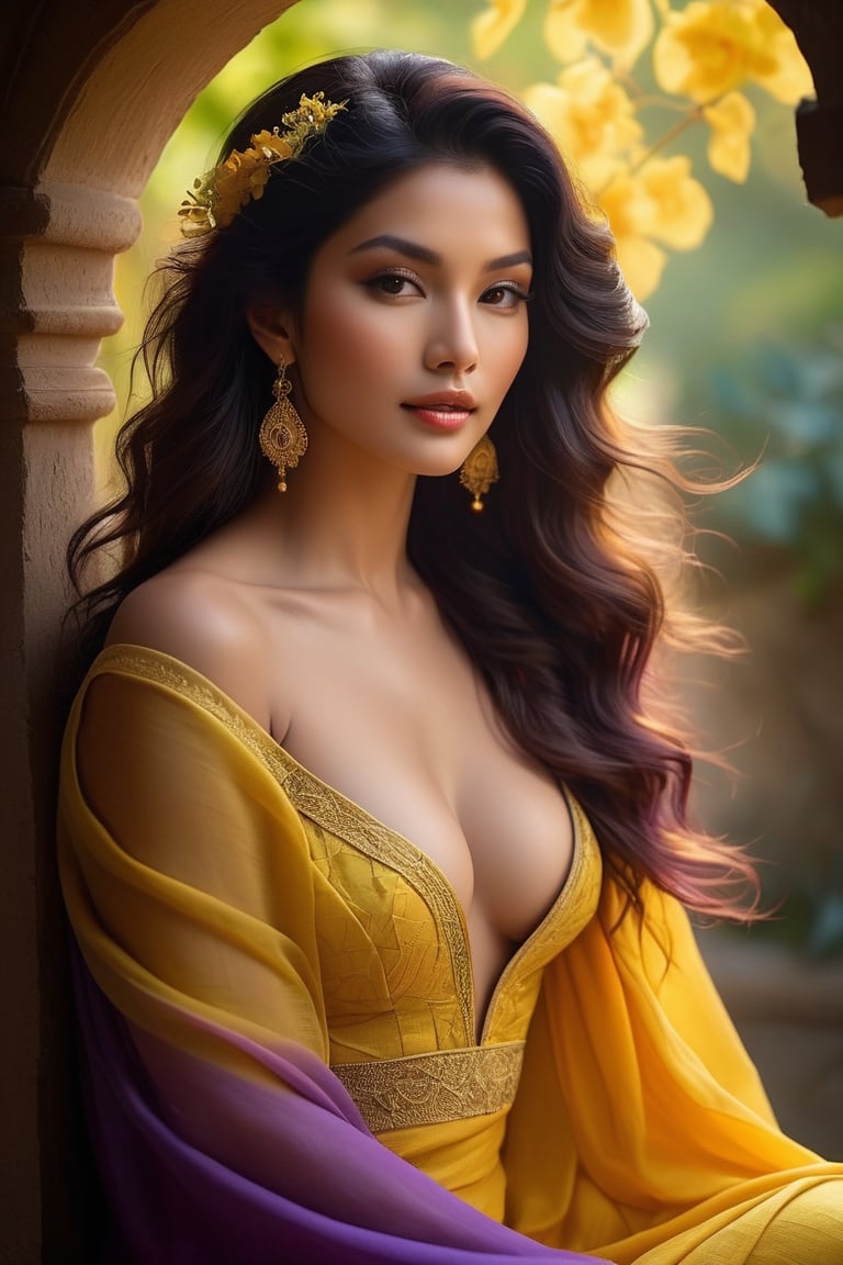 Stunningly beautiful goddess [mexican | Thai], (delicate sfumato, soft color transitions:2), model pose, ('shadows to light gradient', 'yellow to purple color gradient':1.25), Painting inspired by the style of Bouguereau, (intricate chiaroscuro, layered oil techniques, detailed drapery, masterful brushwork, lifelike textures, classical themes, dramatic light sources, deep shadow play), (ethereal, harmonious composition, captivating portraits, serene landscapes, anatomical precision, delicate hand gestures, emotion-evoking poses, intricate backgrounds, symbolic elements)