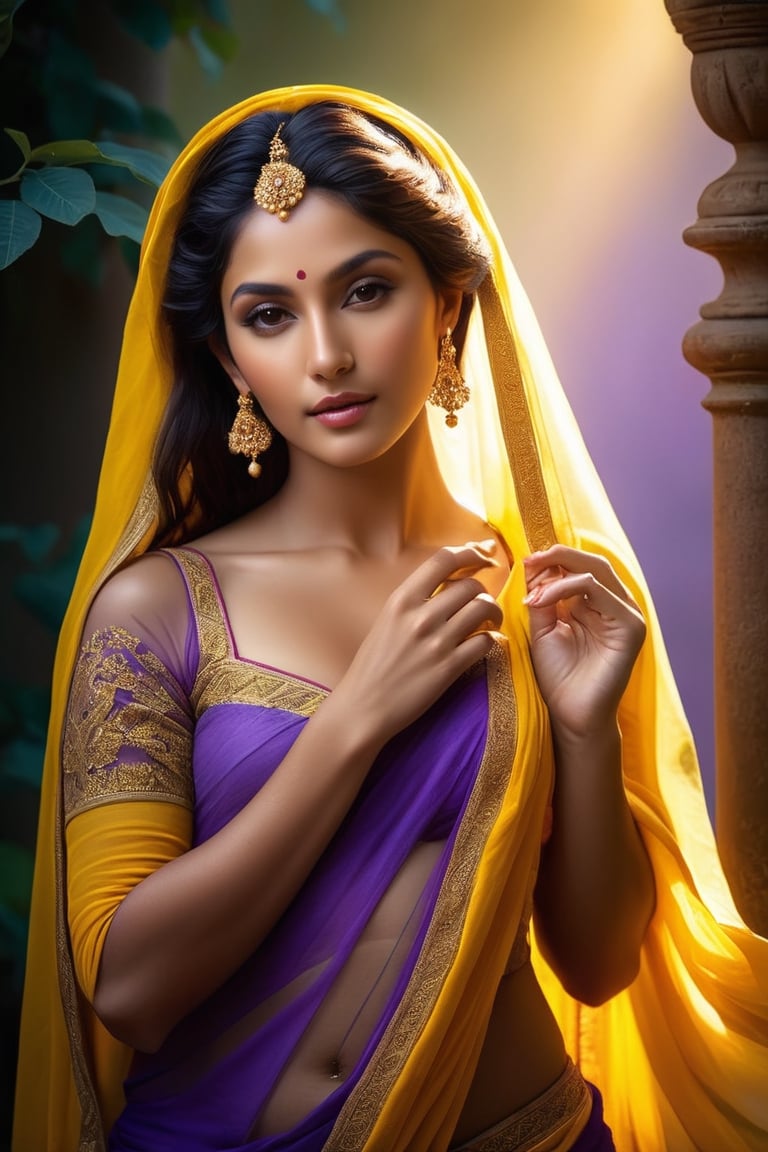 Stunningly beautiful goddess [danish | indian], (delicate sfumato, soft color transitions:2), model pose, ('shadows to light gradient', 'yellow to purple color gradient':1.25), Painting inspired by the style of Bouguereau, (intricate chiaroscuro, layered oil techniques, detailed drapery, masterful brushwork, lifelike textures, classical themes, dramatic light sources, deep shadow play), (ethereal, harmonious composition, captivating portraits, serene landscapes, anatomical precision, delicate hand gestures, emotion-evoking poses, intricate backgrounds, symbolic elements)