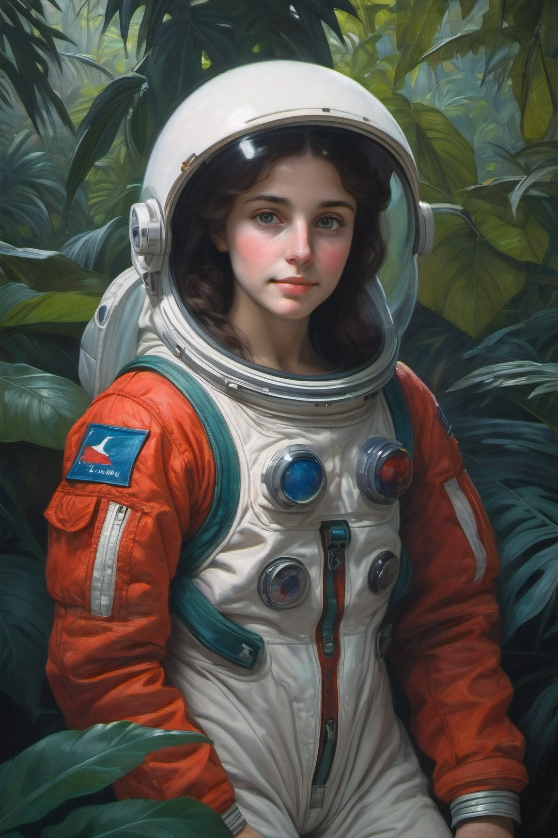 shy smile, detailed eyes, eyeliner, freckles, (red and 'light blue' color gradient)((russian)) (classic realism paint like Bouguereau:2), knees, ('1960's female Astronaut in a Jungle':2),  (shy smile:1.75), (surreal,  strange,  odd,  weird,  fantastic,  unreal,  dreamlike:2), 'backlight', ('hard Light', 'hard shadows':2), (dark in the background:4), (alien Martian creature in the background:3)
