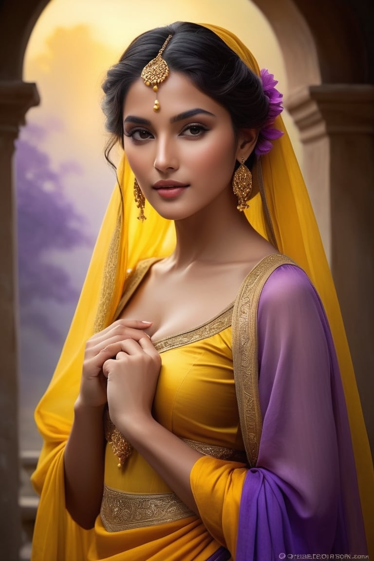 Stunningly beautiful goddess [danish | indian], (delicate sfumato, soft color transitions:2), model pose, ('shadows to light gradient', 'yellow to purple color gradient':1.25), Painting inspired by the style of Bouguereau, (intricate chiaroscuro, layered oil techniques, detailed drapery, masterful brushwork, lifelike textures, classical themes, dramatic light sources, deep shadow play), (ethereal, harmonious composition, captivating portraits, serene landscapes, anatomical precision, delicate hand gestures, emotion-evoking poses, intricate backgrounds, symbolic elements)