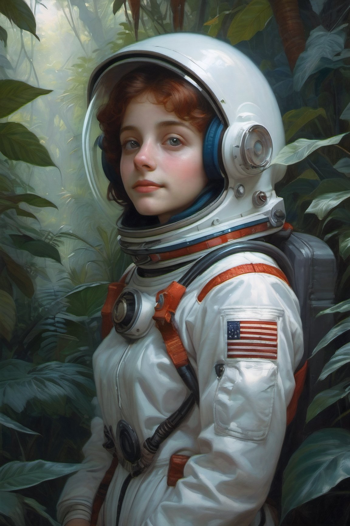 shy smile, detailed eyes, eyeliner, freckles, (red and 'light blue' color gradient)((russian)) (classic realism paint like Bouguereau:2), knees, ('1960's female Astronaut in a Jungle':2),  (shy smile:1.75), (surreal,  strange,  odd,  weird,  fantastic,  unreal,  dreamlike:2), 'backlight', ('hard Light', 'hard shadows':2), (dark in the background:4), (alien Martian creature in the background:4)
