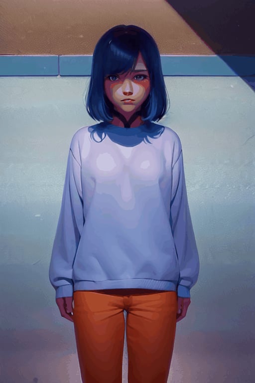 Akane's fiery spirit ignites in a sun-kissed alleyway. She stands tall, arms crossed, with a rebellious glint in her eye, as warm orange hues cast long shadows behind her. Vibrant graffiti adorns the walls, reflecting Akane's bold and edgy personality. blue hair, blue eyes, greadient hair 