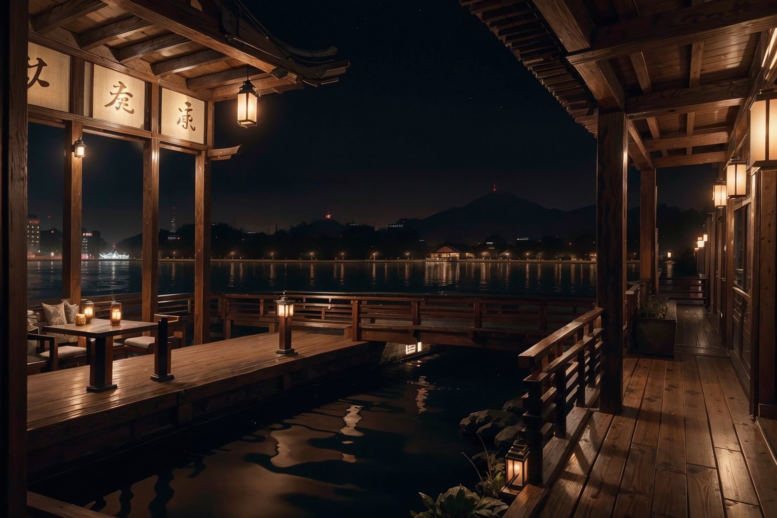 (8k, best quality, top level: 1.1), cinematic, night, temple, restaurant interior, modern japnanese style, river view