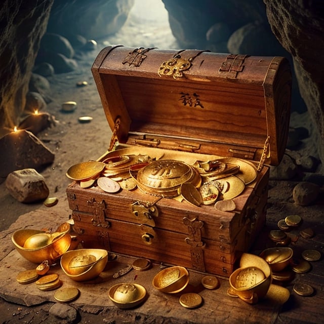 In an ancient and mysterious cave, there is a large wooden treasure chest. Upon opening the chest, it is filled with coins, jewels, and Jin yuanbao, emitting a dazzling glow., Jin yuanbao, photorealistic, ,Jin yuanbao,photorealistic